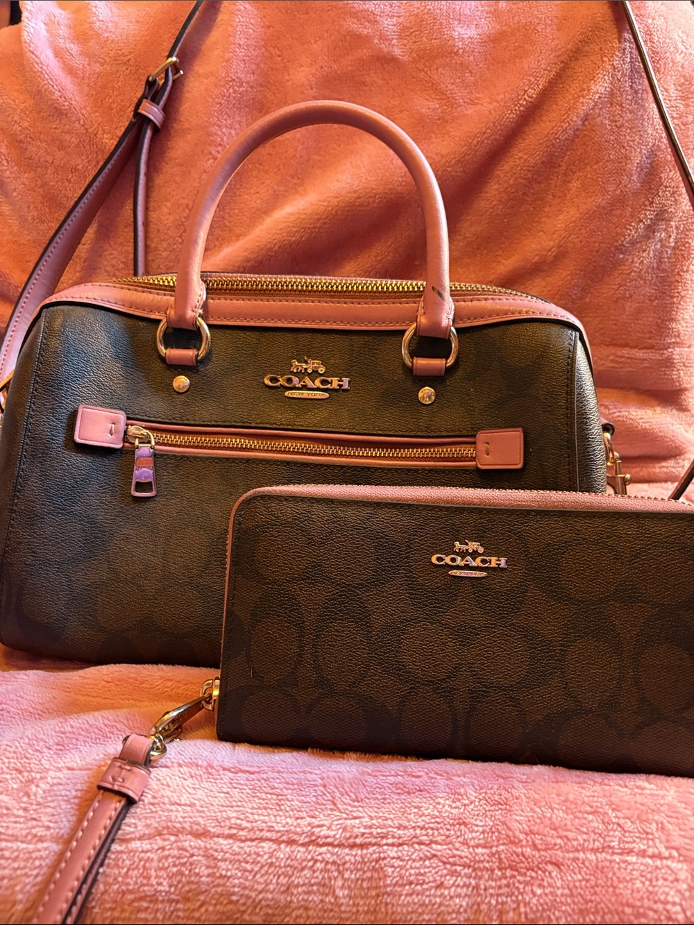 COACH Brown Signature Satchel with Pink Trim and Wallet